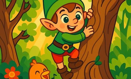 Un piccolo folletto di nome Tommasino, con un grande cappello a punta verde e occhi brillanti di curiosità, scala con determinazione un maestoso albero, il suo viso luminoso di eccitazione e coraggio. Ai suoi piedi, un uccello dalle piume sgargianti, con un sorriso riconoscente, lo incoraggia cantando una dolce melodia. Il luogo è un boschetto incantato, pieno di alberi dai tronchi contorti, fiori multicolori e raggi di sole che filtrano tra il fogliame, creando un'atmosfera magica. Tommasino sta cercando di liberare l'uccello intrappolato tra i rami, una scena carica di tensione e speranza, dove il coraggio del folletto illumina l'ambiente fatato.