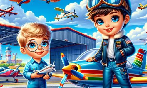 A young boy, Tommy, with brown hair and bright eyes, is wearing a blue pilot suit and a pilot helmet. He is smiling enthusiastically with his arms raised, standing next to a small airplane with shiny wings, ready to take off. Beside him is another boy, Max, about 7 years old, with blonde hair and round glasses, gazing at the sky in wonder while holding a small model airplane. They are on an airport tarmac, surrounded by several colorful planes and metal hangars, under a blue sky dotted with white clouds. The scene shows Tommy and Max eager to take flight, ready for an adventure in the air.