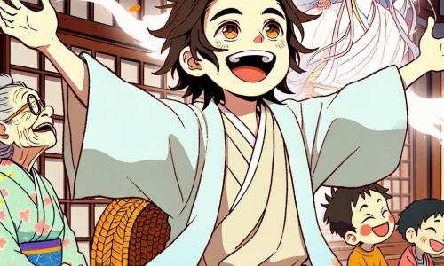 A young man named Haruki, with tousled hair and a warm smile, stands at the center of the image with open arms, radiating joy and enthusiasm. He wears a light kimono with cherry blossom patterns, and his eyes sparkle with adventure. Next to him is an elderly woman, around 70 years old, with gray hair tied in a bun and wrinkles that tell stories of wisdom, looking at Haruki with admiration. She sits on a wooden bench, knitting a colorful scarf, her face lit up by a grateful smile. In the background, a spirit named Yurei floats slightly above the ground, ethereal in appearance, with long hair drifting like clouds and mischievous sparkling eyes. He stands beside a group of children laughing and dancing around him, creating an atmosphere of joy and camaraderie. The setting is a picturesque Japanese village, with wooden houses adorned with colorful lanterns, cherry blossom trees adding a pink touch to the landscape, and a twilight sky tinged with golden and purple hues. The main scene shows Haruki, Yurei, and the villagers gathered to celebrate a harvest festival, in a festive ambiance where friendship and joy shine, symbolizing the union between a spirit and a village.