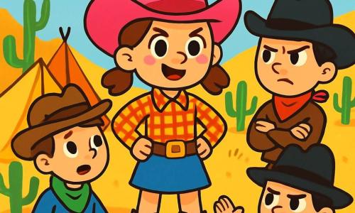 Uma cowgirl corajosa, Bia, com cerca de 10 anos, está no centro da imagem, usando um grande chapéu de cowboy rosa, botas brilhantes e uma camisa xadrez. Seu rosto expressa determinação e excitação, com olhos brilhando de curiosidade. À sua direita, um cowboy de cerca de 12 anos, com chapéu preto e lenço vermelho, está de braços cruzados, parecendo um pouco irritado. À sua esquerda, outro cowboy, de aproximadamente 11 anos, com uma camisa azul e bandana verde, tenta acalmá-los, mostrando uma expressão preocupada. O cenário é um vasto acampamento de cowboys, com tendas coloridas, cactos verdes e um céu azul brilhante. Ao fundo, montanhas douradas se delineiam no horizonte. A situação principal mostra Bia, pronta para intervir, enquanto dois cowboys discutem barulhentamente, criando uma atmosfera de tensão e aventura.