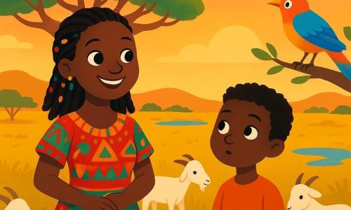 A woman named Ama, with sparkling eyes like river pebbles and braided hair adorned with colorful beads, stands at the center of the image. She wears a vibrant dress with African patterns, and her face radiates joy and serenity as she smiles at her goats. Next to her, a small boy about 7 years old, Kojo, with curly hair and a curious gaze, watches a beautiful bird with bright feathers perched on a branch. The landscape is a vast golden plain dotted with small shimmering ponds under the setting sun, with a majestic baobab tree in the background, its branches stretching out like welcoming arms. The scene depicts Ama and Kojo enjoying a peaceful moment together, surrounded by goats grazing on tender grass, while the sky turns orange and pink, creating a warm and magical atmosphere.