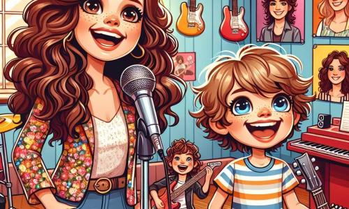 In a colorful music studio, a woman named Lily, in her thirties with long curly brown hair, smiles enthusiastically. She wears a floral-patterned blouse and holds a shiny guitar, singing joyfully with a happy expression on her face. Next to her, a seven-year-old boy named Max, with messy blonde hair and sparkling eyes, stands with a big smile. He wears a striped t-shirt and denim shorts, holding a plastic microphone, ready to sing. The studio is filled with colorful instruments: a red drum set, a black piano, and guitars hanging on the walls. Posters of famous musicians decorate the walls, and musical notes float in the air, creating a joyful and inspiring atmosphere. The main scene shows Lily and Max singing together, surrounded by their friends who applaud them with amazed faces, filled with joy and excitement.