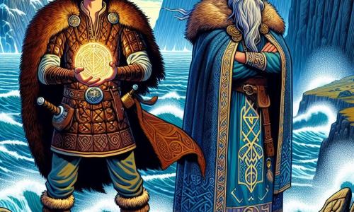 A young man named Eirik, around 20 years old, stands at the edge of a cliff overlooking a turbulent sea. He has long brown hair, a determined look, and wind-kissed cheeks. He wears a leather tunic adorned with Viking patterns and a fur coat that billows behind him, while firmly holding a glowing rune in his hand, casting a golden light on his face. Beside him, Odin, an elderly man with a long white beard and a piercing eye, observes Eirik with a benevolent smile. Dressed in a blue robe decorated with ancient symbols, he stands slightly back with crossed arms, as if watching the young man's fate. The landscape is spectacular: steep cliffs, crashing waves against the rocks below, and a stormy sky filled with dark clouds, creating a majestic yet threatening atmosphere. The main scene shows Eirik ready to face the challenges of the sea, with the shimmering rune in his hand, symbolizing his courage and determination to pursue his heroic destiny.
