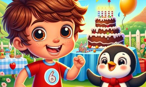 Un niño de 6 años, Lucas, con grandes ojos curiosos y cabello castaño desordenado, sonríe con una expresión de alegría. Lleva una camiseta roja con un diseño de pastel de cumpleaños y un pantalón azul. A su lado, un pingüino llamado Polo, con una adorable bufanda roja, se sostiene en sus pequeñas patas, riendo amigablemente. En el fondo, la fiesta de cumpleaños tiene lugar en un jardín soleado, lleno de globos de colores, guirnaldas de papel y una gran mesa decorada con un hermoso pastel de chocolate y velas encendidas. La escena muestra a Lucas y Polo jugando a una carrera de pingüinos con amigos, todos riendo y corriendo de manera divertida, creando una atmósfera festiva y animada.