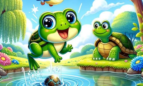 Eine kleine Frosch namens Froschi mit glänzend grüner Haut und großen runden Augen springt fröhlich aus dem Wasser, sein Gesicht strahlt vor Aufregung und Entschlossenheit. Neben ihm fliegt ein kleiner Vogel namens Piep mit gelben und blauen Federn in der Luft, seine Flügel ausgebreitet, und zeigt mit dem Schnabel auf einen wunderschönen, funkelnden Stein am Grund des Sees. Eine alte Schildkröte namens Turtel mit einem rauen Panzer und weisen Augen steht am Ufer des Sees und beobachtet die Szene aufmerksam mit einem ermutigenden Lächeln. Der Ort ist ein friedlicher Teich, umgeben von bunten Blumen und großen, grünen Bäumen, wo das Sonnenlicht auf der Wasseroberfläche tanzt. Die Hauptsituation zeigt Froschi, der mutig ins Wasser taucht, um den wertvollen Stein zu erreichen, während seine Freunde ihn vom Ufer aus anfeuern.