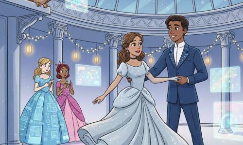 Cinderella (girl) smiles shyly, soft face and bright eyes, wearing a simple silver dress that shimmers like the moon and translucent glass slippers, dancing center stage; the Prince (boy, ~20) smiles warmly in an elegant midnight-blue suit with subtle luminous patterns, holding her hand and gazing admiringly; Oswald, the wise old owl, perches on a high ledge, brown plumage and golden eyes, watching kindly; Anastasia and Drizella (two teenage girls) stand in the background in flashy dresses with glowing screens, distracted and surprised, off the dance floor; the palace is a large glittering hall with glass ceilings, silver columns, floating light garlands and fading holographic screens; the scene: an enchanted nighttime ball where human warmth replaces screen glow, characters dance under artificial stars and lanterns, soft blue-silver-pink palette, clear expressive lines, European comic style.
