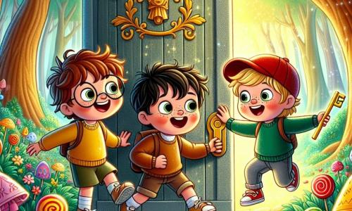 Tres pequeños aventureros están de pie frente a una puerta mágica: Tomás, un niño de 8 años con cabello castaño desordenado y gafas redondas, mira la puerta con ojos muy abiertos, sosteniendo una llave dorada en su mano; Lucas, un niño de 7 años con cabello rubio y pecas, salta de alegría con una gran sonrisa, listo para entrar en el mundo mágico; Nicolás, un niño de 9 años con cabello negro y una gorra roja, señala la puerta con curiosidad y determinación. Detrás de ellos, el bosque está lleno de árboles de troncos coloridos, con hojas en forma de caramelos y flores brillantes que parecen bailar al viento. El suelo está cubierto de pequeños guijarros brillantes, y un suave rayo de sol ilumina la escena, creando una atmósfera cálida y acogedora. Los tres amigos están listos para descubrir un mundo lleno de dulces y maravillas, donde un pequeño dragón de peluche les espera para una gran aventura.