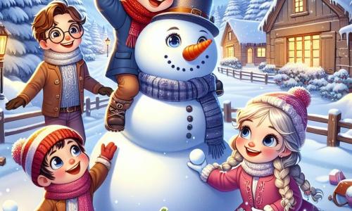 In un paesaggio invernale incantevole, quattro amici si tengono gioiosamente intorno a un grande pupazzo di neve. Leo, un bambino di cinque anni con capelli castani e occhi scintillanti, indossa una sciarpa rossa e un berretto blu, è in cima al pupazzo, sorridente e con le braccia alzate. Sofia, con lunghi capelli biondi intrecciati, indossa un cappotto rosa e guanti bianchi, è accanto a Leo con una carota per il naso del pupazzo. Marco, con capelli castani e occhiali rotondi, è accovacciato vicino alla base del pupazzo, mentre Giulia, con capelli ricci e occhiali da sole, indossa una tuta blu e stivali viola, racconta una storia. Lo sfondo è un affascinante villaggio innevato con case in legno e alberi di Natale decorati. I bambini ridono e giocano mentre decorano il loro pupazzo di neve, creando un'atmosfera festosa e gioiosa.