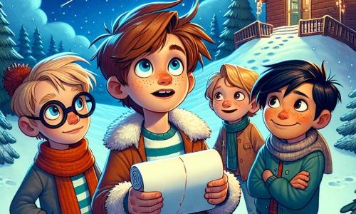 Max, a ten-year-old boy with messy brown hair and sparkling curious eyes, stands in the center of the image holding a rolled-up letter. To his right, Tim, another ten-year-old with blond hair and glasses, gazes at the letter with wonder. On the left, Leo, a boy with black hair and a tan complexion, smiles while pointing at the starry sky. Finally, Jake, a red-haired boy with freckles, stands behind them with crossed arms and a mischievous grin. The enchanting winter landscape features gently falling snowflakes, pine trees adorned with twinkling garlands, and a small wooden house with smoke rising from the chimney. The deep blue sky is dotted with bright stars, and a large moon illuminates the scene. The main focus shows the four friends gathered for a magical adventure, ready to deliver a letter to Santa Claus, symbolizing the spirit of Christmas and friendship.