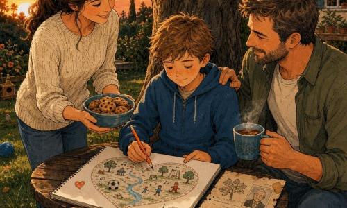 Um menino de 10 anos, rosto arredondado com sardas, cabelo castanho curto e ligeiramente despenteado, expressão doce e concentrada, sentado no banco circular de madeira junto a um figueiral, desenha num grande caderno aberto uma "mapa do coração" com lápis laranja; uma mulher adulta (mãe, ~35 anos), cabelo longo apanhado em rabo de cavalo, olhar caloroso e sorridente, está de pé ao lado oferecendo uma tigela de biscoitos, veste um suéter creme; um homem adulto (pai, ~37 anos), barba curta, postura reconfortante, sentado ao lado do menino com a mão sobre o ombro e segurando uma chávena de chá fumegante; um idoso (avô, ~70 anos) não está presente fisicamente, mas há uma carta manchada de chá com desenhos e pequenas figuras coladas no envelope ao lado do caderno; o cenário é um jardim luminoso ao crepúsculo, figueira de tronco largo, folhas verde-escuras, alguns raios alaranjados do pôr do sol filtrando, relva macia e alguns brinquedos espalhados; situação íntima e calma em que a família partilha, desenha e conversa — linhas laranja ligam os desenhos do mapa, texturas de tinta visíveis, atmosfera acolhedora e atenta.