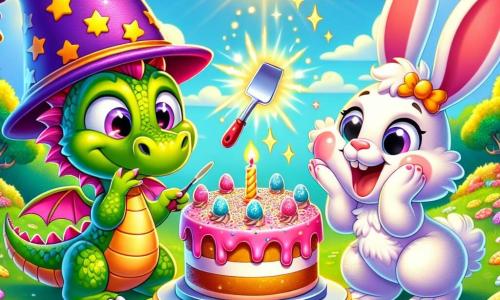 A small dragon named Sparky, with shiny green scales and an oversized wizard hat adorned with sparkling stars, stands at the center of the stage, wide-eyed with excitement, holding a spatula in one paw. Beside him, Bubbles, an adorable rabbit with large pink ears and white fur, hops joyfully, her nose twitching with happiness as she admires the cake that has just appeared. The scene takes place in a sunny meadow filled with colorful flowers and trees with golden leaves, under a bright blue sky. In the background, fluffy clouds float gently. Sparky and Bubbles have just succeeded in making a beautiful pink cake with colorful sprinkles, and they are both amazed by their creation, laughing together in the joy of their magical success.