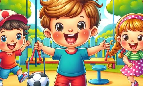Ein kleiner Junge von 3 Jahren, Tim, mit zerzausten blonden Haaren und einem großen fröhlichen Lächeln, steht im Zentrum eines bunten Spielplatzes. Er trägt ein blaues T-Shirt und rote Shorts und hebt begeistert die Arme in die Luft, als würde er alle Kinder einladen, sich ihm anzuschließen. Rechts von ihm ist ein 4-jähriges Mädchen, Mia, mit langen geflochtenen braunen Haaren und einem gepunkteten rosa Kleid, das eine Schaukel anschubst und vor Freude lacht. Links dribbelt ein 5-jähriger Junge, Max, mit einer roten Kappe und einem grünen T-Shirt, konzentriert aber lächelnd einen Fußball und ist bereit, den Ball seinen Freunden zuzuspielen. Der Ort ist ein wunderschöner sonniger Park, gefüllt mit bunten Blumen, grünen Bäumen und einem Spielplatz mit Schaukeln und einer Rutsche. Kinderlachen schallt in der Luft und schafft eine fröhliche und freundliche Atmosphäre. Die Hauptsituation zeigt Tim, Mia und Max sowie andere Kinder, die sich versammeln, um gemeinsam zu spielen, und verdeutlicht die Idee, dass alle Kinder, unabhängig von Geschlecht, zusammen Spaß haben und harmonisch zusammenarbeiten können.