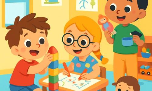 There are 3 characters: - Milo: a 4-year-old boy with messy brown hair and sparkling eyes. He is wearing a red t-shirt and blue shorts, sitting on the floor surrounded by colorful blocks, building a tall tower. - Sam: a 4-year-old girl with braided blonde hair and round glasses. She is wearing a flower dress and drawing on a large sheet of paper with multicolored crayons, sitting at a small table next to Milo. - Ben: a 4-year-old boy with black hair and round cheeks. He is wearing a green t-shirt and beige pants, standing with a doll in one hand and a small plastic pot in the other, smiling at his friends. The main setting is a bright and colorful classroom with yellow walls and children's drawings hanging up. There are soft rugs on the floor and shelves filled with various toys, from blocks to dolls, crayons, and books. The main situation shows the three friends playing together, with Milo building his tower, Sam happily drawing, and Ben playing with his doll. They laugh and encourage each other, illustrating the idea that everyone can play with the toys they love, without worrying about stereotypes.