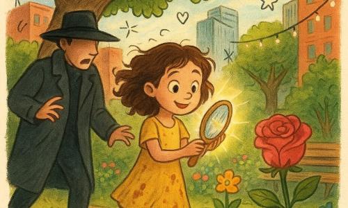 Mia, menina de 8 anos, sorridente e concentrada, segura um pequeno espelho brilhante com as duas mãos, cabelos castanhos cacheados ao vento, vestido amarelo sujo, descalça sobre a relva; um vendedor misterioso (homem ~40 anos) com rosto sombreado por um grande chapéu preto e longo casaco cinza recua surpreso enquanto seus objetos brilhantes perdem o brilho e viram vidro e pedras; uma roseira falante, rosa vivo com pétalas translúcidas e olhos amigáveis em estilo cartoon, se inclina para Mia; uma velha árvore oca com folhas como páginas forma um arco ao fundo; cenário: jardim urbano escondido entre prédios de tijolo vermelho e arranha-céus, canteiros floridos, caminho de pedras, luzes pendentes e banco de madeira gasto; raio de sol refletido pelo espelho atinge a mesa do vendedor; estilo colorido e quente, contrastes vivos, textura de acrílico e traços de lápis, atmosfera de fantasia urbana amigável.