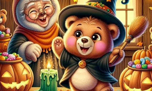Um ursinho de pelúcia, Bartolomeu, com pelagem marrom e macia, olhos brilhantes de excitação, dança alegremente no meio de uma mesa cheia de doces coloridos e guloseimas de Halloween. Ele usa um pequeno chapéu de bruxo preto adornado com estrelas douradas e sorri amplamente, suas bochechas rosadas iluminadas pela luz de uma vela verde tremeluzente. Ao seu lado, uma velha ursa cinza, Dona Ludovina, com óculos redondos e um lenço laranja, ri enquanto agita uma vassoura de madeira, adicionando um toque de magia à cena. Seu rosto é marcado pela sabedoria e alegria, e ela se mantém um pouco afastada, incentivando Bartolomeu com um olhar cúmplice. O cenário é uma antiga sala de madeira, decorada com lanternas em forma de abóbora que brilham suavemente, enquanto folhas de outono douradas caem ao redor deles. A cena principal mostra Bartolomeu e Dona Ludovina dançando e cantando juntos, cercados de doces, celebrando alegremente o Halloween, com sombras dançantes projetadas nas paredes, evocando uma atmosfera mágica e amigável.
