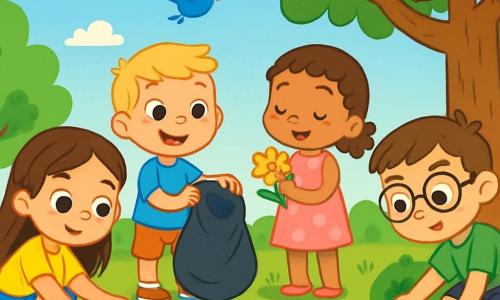 Hay 4 niños: - Ana: una niña de 8 años, con cabello largo castaño y ojos brillantes. Lleva una camiseta amarilla y un short de mezclilla. Ana está agachada recogiendo una botella de plástico en la hierba. - Diego: un niño de 7 años, con cabello corto y rubio. Lleva una camiseta azul y zapatillas rojas. Diego está de pie, sosteniendo una bolsa de basura, listo para poner desechos. - Carla: una niña de 6 años, con cabello rizado y una pequeña trenza. Lleva un vestido rosa con estampados de flores. Carla está protegiendo una flor, mirándola con asombro. - Leo: un niño de 9 años, con gafas y cabello castaño. Lleva una camiseta verde y un short negro. Leo está buscando desechos debajo de un árbol, con una expresión curiosa. La escena se desarrolla en un parque soleado, lleno de árboles majestuosos con hojas verdes brillantes, flores coloridas que bailan al viento y un césped bien cuidado. Se pueden ver pájaros cantando en las ramas y un cielo azul claro salpicado de algunas nubes blancas esponjosas. La situación principal muestra a los niños limpiando el parque. Se ríen y se ayudan mutuamente, cada uno con una tarea específica. Ana recoge una botella, Diego sostiene una bolsa de basura, Carla admira una flor y Leo busca desechos. La atmósfera es alegre y llena de energía, ilustrando la importancia de cuidar la naturaleza juntos.