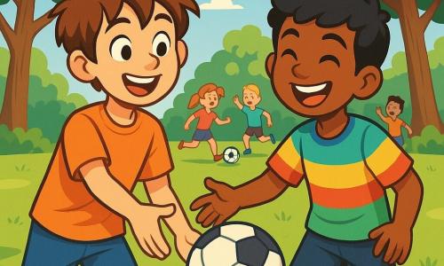 A 12-year-old boy, Oliver, with messy brown hair and sparkling curious eyes, smiles joyfully as he reaches out to pass the ball to his friend. Next to him, Samir, also 12, with caramel skin and black hair, laughs excitedly, wearing a colorful t-shirt and shorts. They are on a green soccer field surrounded by majestic trees swaying gently in the breeze, while other children play around them, creating an atmosphere of camaraderie and joy. The scene radiates vibrant energy, illustrating the importance of friendship and tolerance, with bursts of laughter and beaming smiles.