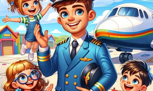 A smiling and enthusiastic man, Captain Sam, is wearing a blue pilot uniform with a shiny cap. He has brown hair and sparkling eyes. He stands next to his large airplane, ready for takeoff. Beside him are four children: a 7-year-old girl with curly blonde hair jumping for joy, a 6-year-old boy with glasses and brown hair pointing at the sky in wonder, a 5-year-old girl with straight black hair holding a small model airplane, and an 8-year-old boy with red hair smiling widely. The scene takes place at a sunny airport with colorful hangars in the background and fluffy white clouds in a bright blue sky. Captain Sam is explaining to the children how to pilot the airplane, as they watch with wide eyes, eager for this adventure in the air.