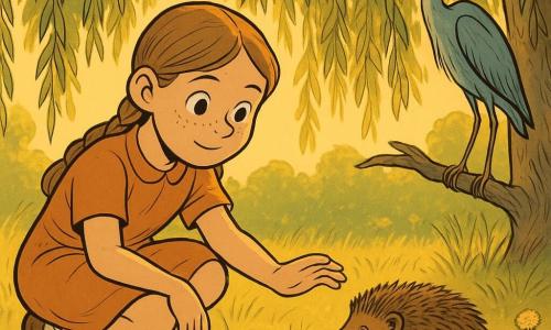 Ten-year-old girl with a round face, freckles, light brown hair in two braids, gentle attentive expression and wide curious eyes, crouching and reaching toward a small hedgehog; the hedgehog has detailed brown spiky fur, bright eyes and a relieved small smile, beside the girl and slightly turned toward its elongated shadow on the grass; a slender grey-blue heron with a long thin beak perches on a low willow branch watching calmly; under a large weeping willow with drooping branches, tall golden grass and blown dandelions, sunset rays filter through the leaves into patches of gold; warm late-afternoon mood with gold, tender green and brown tones, soft contrasts and a slightly magical, peaceful atmosphere; main scene: the girl gently helps the hedgehog find its shadow, light casting a sharp elongated shadow, centered composition and clear emotions of relief and compassion.