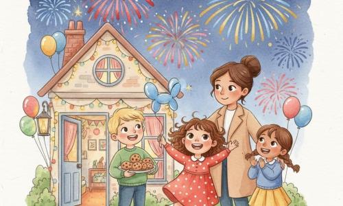Lotte, 6 jaar, vrolijk en verwonderd, krullend bruin haar, rood jurk met witte stippen, houdt stevig een blauw ballonhond vast; Max, 6 jaar, kort blond haar, groene trui, houdt een bord met grote koekjes en lacht, links van Lotte en iets achterin; Emma, 6 jaar, kastanjebruin haar in twee vlechten, gele rok, klapt en kijkt naar de lucht, rechts van Lotte; de moeder, volwassen vrouw, bruin haar opgestoken, beige jas, omarmt Lotte zacht bij de schouder van achteren, glimlachend en aandachtig; op een stoep voor een knus huis met fonkelende slingers, kleurrijke ballonnen, een hangende lantaarn, warme ramen met gordijnen en een open deur naar een gedecoreerde woonkamer; de kinderen staan buiten bij het aftellen en kijken samen naar een vuurwerk aan de nachtelijke hemel met felle rood, blauw en goud, vonken en lichtstrepen boven de daken, feestelijke warme sfeer; stijl: zachte lijnen, pastelkleuren met levendige accenten, aquareltexturen en lichte gecontroleerde spatjes voor het vuurwerk.