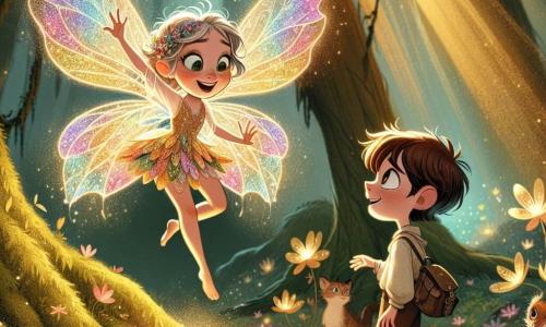 Eine Fee namens Lila mit schimmernden, regenbogenfarbenen Flügeln schwebt fröhlich über einem kleinen goldenen Licht. Ihr Gesicht strahlt vor Aufregung und Freundlichkeit, und sie trägt ein Kleid aus Blütenblättern. Neben ihr steht ein etwa 10-jähriger Junge namens Finn mit unordentlichen, kastanienbraunen Haaren und funkelnden, neugierigen Augen auf einem moosbedeckten Stein. Er schaut Lila bewundernd an und hält einen kleinen Rucksack voller Vorräte. Die Szene spielt in einer verzauberten Lichtung im Herzen eines magischen Waldes, umgeben von großen, knorrigen Bäumen und leuchtenden Blumen, die im Rhythmus einer sanften Brise zu tanzen scheinen. Sonnenstrahlen filtern durch das Laub und erzeugen goldene Muster auf dem Boden. Lila erklärt Finn, dass er zum Beschützer des Waldes auserwählt wurde, während sie von magischen Kreaturen umgeben sind, die aufmerksam zuhören und eine Atmosphäre von Geheimnis und Abenteuer schaffen.