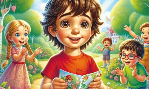 Un băiat de 10 ani, Andrei, cu părul castaniu zbârlit și ochi strălucitori de curiozitate, stă în mijlocul unui parc însorit. Poartă un tricou roșu aprins și o pereche de pantaloni scurți albaștri, zâmbind entuziast în timp ce ține o scrisoare colorată în mâini. Lângă el, cea mai bună prietenă a sa, Ana, o fetiță de 9 ani cu părul blond împletit și o rochie cu flori, privește scrisoarea cu ochii mari, plină de emoție. Mai departe, Radu, un băiat de 10 ani cu ochelari și un tricou verde, aplaudă cu bucurie, adăugând la atmosfera festivă. Parcul este plin de flori strălucitoare, copaci verzi mari și un cer albastru deschis presărat cu nori pufoși albi. Copiii se joacă în jur, iar inimile din hârtie plutesc în aer, creând o atmosferă veselă și prietenoasă. Scena principală îl arată pe Andrei, înconjurat de prietenii săi, pregătit să dezvăluie o scrisoare de Ziua Îndrăgostiților pe care a găsit-o, stârnind entuziasmul și curiozitatea tuturor, în timp ce se pregătesc să trăiască o aventură plină de surprize și prietenie.