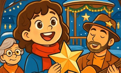 Una niña de 10 años, Clara, con cabello castaño rizado y ojos llenos de curiosidad, se encuentra en el centro de la escena, sonriendo radiante. Lleva una bufanda roja brillante que contrasta con su chaqueta de lana azul y sostiene una estrella brillante de metal en sus manos, mirando al cielo con asombro. A su lado, un hombre de unos 30 años, el cantante, con una barba ligera y un sombrero adornado con una estrella, toca la guitarra, sus ojos brillando de pasión. Más lejos, una anciana, la abuela de Clara, con cabello plateado y gafas redondas, observa con orgullo, sosteniendo una taza de té humeante. La escena tiene lugar en una encantadora plaza de pueblo, iluminada por guirnaldas brillantes colgadas de los árboles, con una rotonda en el centro decorada para Navidad. La nieve cubre el suelo, creando una suave y blanca alfombra, mientras copos caen suavemente del cielo estrellado. Clara, llena de energía y alegría, se prepara para colocar la estrella en la cima de la rotonda, rodeada de vecinos sonrientes que la animan, creando una atmósfera festiva y cálida.