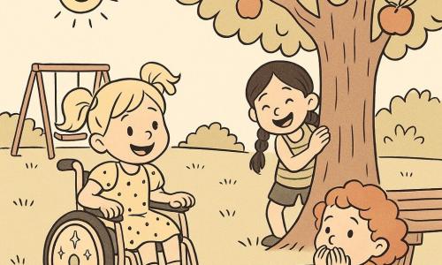 There are three girls, all 4 years old: Lily, blond pigtails in a sparkly wheelchair rolling forward at the left, smiling with hands on the joysticks; Daisy, brown hair in a braid, hiding behind a large apple tree to the right of Lily with only her head and hands visible, laughing; Rosie, curly red hair, crouched under a wooden picnic table at the front right, looking toward Lily and about to sneeze; they play hide-and-seek in a sunny backyard with a grassy lawn, an apple tree, a wooden swing in the background, a picnic table with a small plate of cookies, and a clear sky with a small smiling sun.