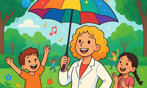 Livia, una donna dai capelli ricci e biondi, indossa un camice da laboratorio brillante e ha un sorriso radioso sul volto, piena di eccitazione e orgoglio. Si trova al centro della scena, sollevando il suo ombrello musicale colorato, che brilla sotto il sole. Accanto a lei, un ragazzo di circa 8 anni, con capelli castani e occhi scintillanti, balla felicemente con le braccia alzate, rapito dalla musica che proviene dall'ombrello. Più in là, una bambina di 7 anni con capelli neri intrecciati applaude entusiasta, le guance rosa di felicità, circondata da altri bambini che si divertono. La scena si svolge in un parco verdeggiante, pieno di fiori multicolori e grandi alberi. Palloncini fluttuano nell'aria e risate di bambini risuonano intorno a loro. Livia presenta con orgoglio la sua invenzione, l'ombrello che canta, mentre i bambini ballano e si divertono sotto una leggera pioggia, trasformando la giornata in una festa gioiosa e magica.