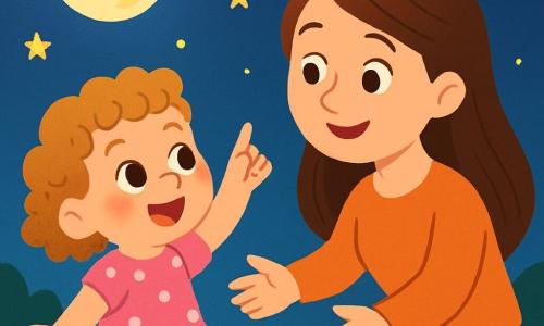 Una niña de 2 años, con grandes ojos brillantes y cabello rizado, sonríe alegremente levantando su dedo hacia la luna brillante en el cielo nocturno. Lleva un bonito vestido rosa con lunares blancos y sus mejillas están sonrojadas de asombro. A su lado, su madre, una mujer de unos 30 años, tiene el cabello largo y liso, y mira tiernamente a su hija, con los brazos abiertos, lista para abrazarla. Están en un jardín tranquilo, donde la hierba es verde y suave, salpicada de pequeñas flores coloridas que brillan bajo la luz de las estrellas. La luna, redonda y luminosa, ilumina la escena con un suave resplandor plateado, creando una atmósfera mágica. La niña, fascinada por la belleza de la noche, extiende su dedo hacia la luna, como si quisiera tocarla, mientras su madre la anima con una sonrisa cálida, creando un momento de ternura y descubrimiento bajo el cielo estrellado.