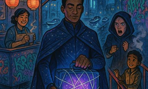 Orion Quill, concentrated and kind-faced, brown-skinned with short curly black hair and a thin scar on his left brow, holds a gleaming briefcase wrapped in a cocoon of silver luminous threads; he wears a midnight-blue suit with starry lines and a short comet-fiber cape, trapping a violet light while nearby boats switch to safety. Vanta Wisp (about 28), pale-faced under a dark hood, stands a few paces away on the wet stone quay, furious and surprised with clenched hands as if she’d just dropped a smoking disc; behind Orion to the right an relieved boy (about 11) guides his mother's hand to a red railing, lit by a stall lantern, and to the left a noodle vendor (about 45) smiles holding a steaming cup of chocolate by a colorful cart with paper lanterns overhead. The scene is Dock District Nine at night: narrow canal with sleek autonomous boats, silver loading rails, flashing holographic signs and graffiti-covered container walls; strong contrasts of midnight blue, electric violet and silver highlights, sharp reflections on water, neon splashes on wet stone, precise ink lines and soft watercolor shadows.
