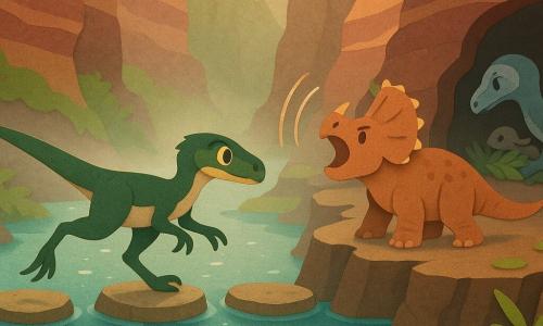 Ein junger, gefiederter Velociraptor namens Ravo, tiefgrün mit cremefarbenem Bauch und feinen braunen Streifen, konzentriert und mutig, sprintet mit gestreckten Beinen und steifer Schwanz über flache Trittsteine eines glitzernden Flusses; ein juveniler Triceratops namens Toma, kompakt mit gebrannter-Ton-Haut und drei kleinen Hörnern, steht an einer Felsspalte und brüllt (Schallwellen sichtbar); die Anführerin Sira, ältere Velociraptorin mit silbernem Streifen über dem Auge, kauert am schattigen Eingang der Schlucht und wickelt ein verletztes Küken in Blätter; Schauplatz: kleine, rot gestreifte Schlucht mit kantigen Felsen, grüner Moosbewuchs, warmes Spätnachmittagslicht, leichter Nebel und papercut-Farn; Hauptszene dynamisch: Ravo in der Mitte, ein großer dunkler Pterosaurier stürzt mit ausgebreiteten Flügeln herab, klare Komposition, scharfe Silhouetten, kontrastreiche Farben und papierartige Konturen.