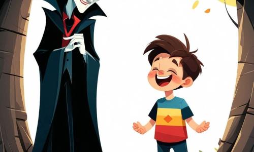 Un vampiro goffo, di nome Vlad, si trova al centro della scena, con grandi occhi rotondi dietro occhiali spessi. Il suo mantello nero, troppo lungo, si impiglia in una radice d'albero, e ha un sorriso malizioso sul viso, pronto a raccontare una barzelletta. Accanto a lui, un ragazzo di 10 anni di nome Nino, con i capelli castani in disordine e una maglietta colorata, ride a crepapelle, con le braccia alzate in segno di gioia. Si trovano entrambi in una foresta incantata, dove gli alberi sono alti e coperti di foglie dai colori vivaci, e le lucciole danzano intorno a loro, illuminando l'atmosfera magica. La scena principale mostra Vlad che racconta una barzelletta esilarante a Nino, che scoppia a ridere, mentre un gigante troll, sullo sfondo, si trova su un ponte, ridendo di cuore, pronto a farli passare.