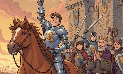 Sir Cedric, a smiling square-faced young knight in shining silver armor with a golden lion crest, holds the glowing Crystal of Valor aloft, proud and relieved; his bay horse Valor stands left, muscular with mane blowing, Cedric’s foot still in the stirrup. King Aldric, an older man with a short gray beard and purple cloak, stands slightly right, applauding emotionally, and Alaric the sage, in a brown robe with a knotted staff, stands kindly beside him. Three to four young companion knights form a semicircle behind Cedric, raising swords and shields in unity, determined and smiling. In the background, Greystone’s stone wall with detailed battlements and gold-and-blue banners shows traces of battle; the enemy retreats across the plains with fallen banners under a golden dawn sky with pink clouds. Warm left-side light reflects on armor and casts a colorful glow around the crystal; clear, high-contrast palette, crisp lines, expressive faces, heroic optimistic Franco-Belgian style for children.