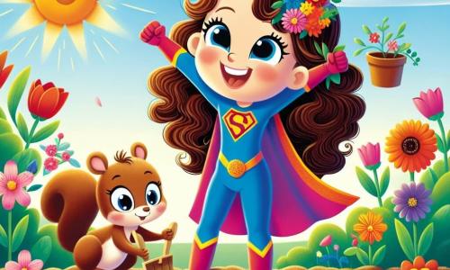 Superli, eine fröhliche Superheldin, ist eine Frau mit langen lockigen Haaren und einem bunten Kostüm mit Blumenmustern. Sie lächelt breit mit offenen Armen, umgeben von Blumen, die um sie herum zu wachsen beginnen. An ihrer Seite ist Momo, ein schelmisches kleines Eichhörnchen mit braunem Fell und funkelnden Augen. Er sitzt auf Superlis Schulter, hält eine kleine Holzschaufel und schaut begeistert auf die Blumen, die aus dem Boden sprießen. Die Szenerie ist ein lebendiger, sonniger Garten, gefüllt mit frischer Erde und gepflanzten Samen, mit grünen Bäumen im Hintergrund und einem blauen Himmel, der mit fluffigen weißen Wolken durchzogen ist. Die Hauptsituation zeigt Superli und Momo, die zusammen Samen pflanzen, mit Lachen und Freude, während bunte Blumen um sie herum zu blühen beginnen und Freundschaft sowie die Magie der Natur symbolisieren.