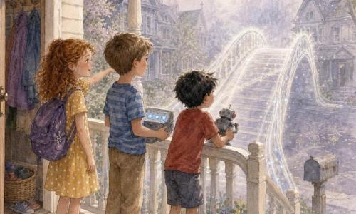 Three children: Milo, a 7-year-old boy with short light brown hair, soft features, striped blue t-shirt and khaki pants, holding a small square metal box with a transparent lid and three dials under one arm, standing center slightly forward looking at the walkway; Zara, a 7-year-old girl with auburn curly hair in a half-ponytail, purple backpack and yellow polka-dot dress, left of Milo pointing at the walkway with a curious smile; Ben, a 7-year-old boy with messy black hair, red t-shirt and shorts, right of Milo leaning eagerly on the railing holding a small toy robot. They stand on the threshold of a cream-painted wooden porch in a quiet neighborhood—welcome mat, shoe basket and coat hooks visible—facing a shiny silver arched walkway rising from the sidewalk into pearly fog against Victorian houses and spring trees under soft late-morning lavender sky. The metal box glows with a soft blue light, the walkway pulses with lines of light, and the fog reveals faint silhouettes of an almost identical neighborhood with subtle differences (chalk drawing, slightly dented mailbox), creating a mood of wonder and cautious concentration.