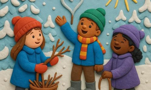 There are 3 characters: Mia, a 7-year-old girl, wears bright red mittens and a blue coat. She stands on the left, holding a basket filled with branches. Tom, an 8-year-old boy, wears a green woolen hat and a striped scarf. He is in the center, standing on a small rock, reaching for a heart-shaped branch. Sara, a 7-year-old girl, wears squeaky yellow boots and a purple coat. She is on the right, holding the basket to stabilize it. The setting is a snowy, gentle, and welcoming forest. The trees are covered with white, sparkling snow. The ground is sprinkled with snowflakes like diamonds. The sky is light blue with golden sun rays streaming through the branches. The main situation shows the three friends working together to catch a heart-shaped branch covered in silver frost. The children laugh and help each other, creating a scene full of joy and cooperation under a bright winter sky.