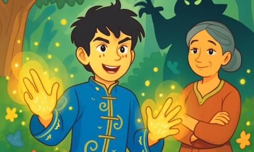 A young man named Wei, around 16 years old, stands bravely at the center of the image. He has messy black hair, bright excited eyes, and a determined expression. He wears a traditional blue silk tunic adorned with golden patterns, and his hands are raised, surrounded by a shimmering magical glow. Beside him, a wise old woman, his mother, about 40 years old with graying hair and a wise face, watches him with pride and concern, her arms crossed over her chest. The setting is an enchanted clearing in the Whispering Woods, with majestic trees and vibrant green leaves. Bright flowers and fireflies dance around them, adding a magical touch to the atmosphere. The main situation shows Wei preparing to confront an evil sorcerer, emanating a radiant energy, while the sorcerer's threatening shadow looms in the background, creating a striking contrast between light and darkness.