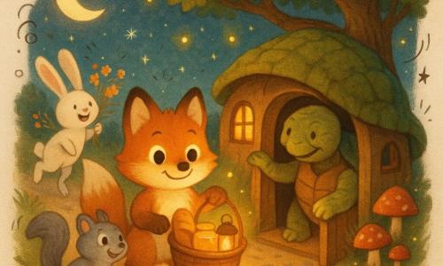 Zaki, a small orange fox cub with bright round eyes and fluffy fur, smiling proudly while holding a wicker basket with bread, honey and a lit lantern; a curious, joyful grey squirrel walks beside him looking at the basket; an enthusiastic white rabbit with long ears holds a bouquet of wildflowers and follows; Grandfather Turtle, a large mossy-shelled turtle with a wrinkled kind face, opens the round door of his shell house beneath a big oak by a path, surrounded by colorful mushrooms and floating fireflies; a crescent moon and twilight sky with faint stars; warm lantern light bathes the scene—friends arriving to bring the iftar meal; centered composition on the glowing basket and happy faces, warm color palette (orange, yellow, soft green), soft textures, simple rounded shapes in a children's illustrative style.