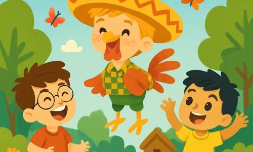 Hay 3 personajes: - Tomás: un niño de 7 años, con cabello castaño despeinado y gafas redondas. Lleva una camiseta roja y un pantalón corto azul. Está a la izquierda, riendo a carcajadas. - Leo: un niño de 6 años, con cabello rubio y pecas. Viste una camisa a cuadros y un pantalón verde. Se encuentra en el centro, llevando un gran sombrero mágico que lo transforma en gallo. - Max: un niño de 7 años, con cabello negro y ojos brillantes. Lleva una camiseta amarilla y un pantalón corto naranja. Está a la derecha, levantando los brazos, listo para lanzar a Leo al aire. El lugar es un jardín soleado, lleno de flores coloridas y árboles verdes. Al fondo, hay una pequeña cabaña de madera y un cielo azul con nubes blancas esponjosas. La situación principal muestra a Leo, el gallo, que vuela ligeramente sobre el suelo, mientras Tomás y Max ríen y lo animan. Mariposas coloridas vuelan a su alrededor, añadiendo un toque de magia a esta escena alegre.