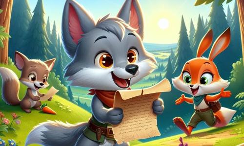 O personagem principal é um pequeno lobo chamado Léo, com pelagem cinza e olhos brilhantes de curiosidade. Ele está em pé sobre as patas traseiras, segurando um velho pergaminho nas patas dianteiras, com uma expressão de excitação e determinação. Ao seu lado está Rita, uma raposa astuta de pelagem laranja viva, que olha para o pergaminho com um sorriso travesso, seus olhos brilhando de inteligência. Um pouco mais adiante, Beto, um coelho de orelhas grandes e pelagem branca, salta alegremente, segurando uma cenoura nas patas, com um ar divertido no rosto. A cena se passa no topo de uma colina verdejante, iluminada pela luz dourada do sol da manhã, cercada por árvores majestosas e flores coloridas que dançam ao vento. Ao longe, vê-se uma floresta densa, misteriosa e acolhedora. A situação principal mostra Léo e seus amigos descobrindo um antigo pergaminho que os leva a uma aventura emocionante, enquanto se preparam para resolver um mistério cativante juntos.