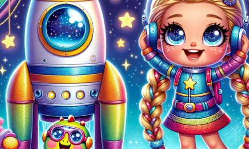Lina, eine junge Frau mit großen, strahlenden Augen und in einen bunten Regenbogen geflochtenen Haaren, lächelt voller Staunen, während sie neben ihrer wunderschönen Rakete steht. Sie trägt einen glitzernden Raumanzug und passt ihre Brille auf der Nase an, voller Aufregung für das bevorstehende Abenteuer. Neben ihr springt Diko, ein kleiner, lebhaft gefärbter Dinosaurier-Roboter mit beweglichen Armen und einem freundlichen Gesicht, vor Freude und seine leuchtenden Augen funkeln vor Begeisterung. Im Hintergrund ist der Boden eines kleinen Planeten mit bunten Blumen und funkelnden Kristallen bedeckt, während Sterne in einem tiefen, sternenklaren Himmel leuchten. Die Hauptsituation zeigt Lina und Diko bereit, diesen neuen magischen Ort zu erkunden, umgeben von der Schönheit des Weltraums, mit funkelnden Sternen und fernen Planeten im Hintergrund, was ihre Freude und Neugier auf die bevorstehenden Abenteuer veranschaulicht.