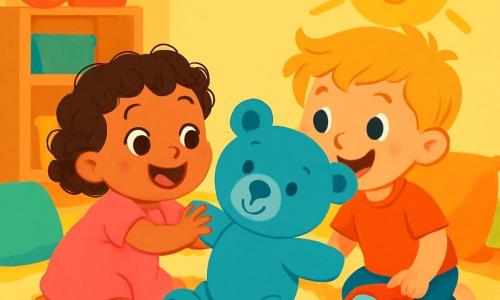 A 2-year-old girl named Mila, with big bright eyes and curly hair, joyfully smiles while playing on a soft, fluffy rug. She pushes a large blue teddy bear with a friendly face and open arms, laughing heartily. Her 4-year-old brother, Sam, stands beside her with messy blonde hair and a mischievous smile, holding a shiny red toy car. He looks at Mila with amusement, ready to make his car zoom. The scene takes place in a colorful room filled with toys, with yellow-painted walls and multicolored cushions scattered around. A large paper sun shines on the wall, adding a cheerful touch to the atmosphere. Mila and Sam are having fun making the bear and the car dance, creating a joyful mess while laughing and playing together, surrounded by their toys.