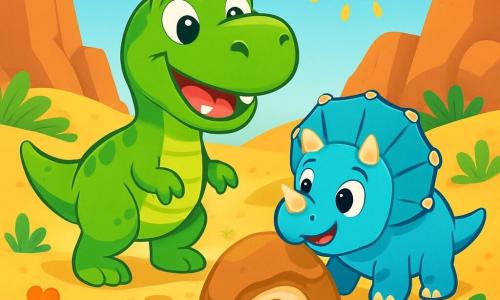Un giovane Tyrannosaurus Rex di nome Dino, con una pelle verde brillante e occhi scintillanti di curiosità, si trova al centro dell'immagine, mostrando un grande sorriso mentre scopre un nuovo mondo. Alla sua destra, un piccolo triceratopo di nome Trix, con tre corna sulla fronte e una pelle blu chiaro, guarda con meraviglia, gli occhi tondi brillanti di gioia. Lo sfondo è un vasto deserto dorato, punteggiato da imponenti rocce e felci verdi, sotto un cielo blu brillante, dove il sole splende intensamente, creando ombre morbide sulla sabbia. La scena principale mostra Dino e Trix mentre esplorano insieme, con impronte nel sabbia e fiori colorati che crescono qua e là, mentre scoprono un antico fossile nascosto dietro una grande pietra.