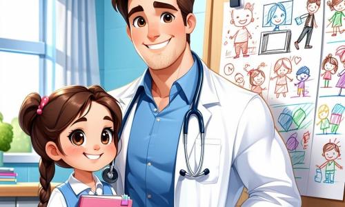 Ein Mann, Dr. Ben, steht in seinem Krankenhausbüro, lächelt mit funkelnden Augen vor Begeisterung. Er trägt einen makellosen weißen Kittel, ein Stethoskop um den Hals und hat leicht zerzauste braune Haare. In einer Hand hält er ein kleines Notizbuch und zeigt auf eine Tafel voller Kinderzeichnungen. Neben ihm hebt ein 10-jähriges Mädchen mit geflochtenen blonden Haaren und runden Brillen die Hand mit einem großen Lächeln, gespannt darauf, eine Frage zu stellen. Sie trägt ein buntes T-Shirt mit Sternen. Das Büro ist hell und einladend, mit Postern von Zeichentrickfiguren an den Wänden, medizinischen Spielzeugen auf einem Regal und einem großen Fenster, das Sonnenlicht hereinlässt und einen Blick auf den Krankenhausgarten bietet. Die Hauptsituation zeigt Dr. Ben, der den Kindern begeistert erklärt, wie er den Patienten hilft, während sie ihm aufmerksam zuhören, gefesselt von seinen Geschichten und lebhaften Gesten.
