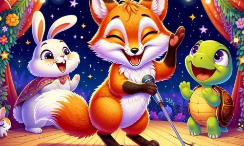 Ein Fuchs mit funkelnden Augen und leuchtend orangefarbenem Fell, mit einem breiten Lächeln und einem entschlossenen Ausdruck, steht auf der Bühne, die Pfoten erhoben mitten in einer komödiantischen Darbietung, umgeben von Lachen und Applaus. Zu seiner Rechten klopft ein kleiner Hase mit großen Ohren und weißem Fell, fröhlich im Takt, während zu seiner Linken eine farbenfrohe Schildkröte mit bewunderndem Blick langsam applaudiert, ermutigt von der Energie des Moments. Die Bühne befindet sich in einer verzauberten Lichtung im Wald, geschmückt mit bunten Blumenkränzen und funkelnden Laternen, unter einem sternenklaren Himmel, der die festliche Atmosphäre erhellt. Der Fuchs erzählt einen Witz und tanzt begeistert, was alle versammelten Tiere beim großen Talentwettbewerb zum Lachen bringt und eine Stimmung von Freude und Freundschaft schafft.