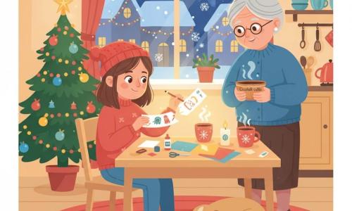 O fată de 10 ani, emoționată și concentrată, cu părul șaten tăiat bob și o căciuliță roșie, stă la o măsuță de lemn, ține un creion într-o mână și repară o ghirlandă de hârtie cu cealaltă, decorând fiecare bucată reparată cu mici desene; o bunică de circa 70 de ani, zâmbitoare cu șuvițe cenușii, stă puțin în spate ținând un bol de ciocolată caldă și o privește mândră; un câine de talie medie, blană bej, este culcat lângă scaun cu capul pe lăbuțe; bucătăria caldă e decorată pentru Crăciun — masă acoperită cu hârtii colorate, foarfece, lipici, cești cu ciocolată aburindă, lumânări aprinse și un brăduț luminat; prin fereastră se vede noaptea de iarnă cu fulgi și ghirlande luminoase; lumină aurie cade peste mâinile fetei și ghirlanda întinsă în arc pe masă.