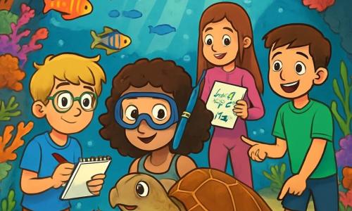 Er zijn 4 kinderen: Emma, een 11-jarig meisje met krullend bruin haar, in een kleurrijk zwemkostuum en een duikmasker, staat in het midden en kijkt verwonderd naar een grote zeeschildpad. Max, een 12-jarige jongen met een bril en rommelig blond haar, draagt een blauwe t-shirt en shorts, staat links van Emma met een notitieboekje en observeert de kleurrijke vissen om hen heen. Lisa, een 11-jarig meisje met lang, steil haar in een roze duikpak, staat rechts van Emma en tekent zeedieren op een drijvend vel papier. Tom, een 12-jarige jongen met kort bruin haar in een groen t-shirt en shorts, staat iets verder naar achteren, glimlachend en wijzend naar een prachtige zeester op de zandbodem. De scène speelt zich af in een prachtige onderwatergrot, verlicht door lichtstralen die door het heldere water filteren, met kleurrijke koraalmuren en zwermen glinsterende vissen die vrolijk rond de kinderen zwemmen. Ze ontdekken samen een fascinerende onderwaterwereld, verwonderd door de schoonheid van het zeeleven om hen heen.