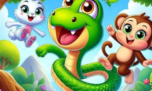 Un serpente di nome Serpillo, con squame verdi brillanti e occhi pieni di curiosità, si infiltra allegramente tra gli alberi della foresta incantata, con un grande sorriso sul volto. Accanto a lui, Gigo, un coniglietto dalle grandi orecchie bianche, salta con entusiasmo, i suoi occhi rotondi pieni di eccitazione, mentre Pina, una scimmietta dal pelo marrone e dagli occhi maliziosi, dondola felicemente da un ramo all'altro, ridendo di cuore. La scena si svolge sotto un cielo blu chiaro, circondata da alberi maestosi con foglie verdi brillanti, e fiori colorati che punteggiano il terreno. I tre amici stanno cercando delle banane scomparse, con espressioni divertite e determinate, formando un quadro gioioso e dinamico di amicizia e avventura.