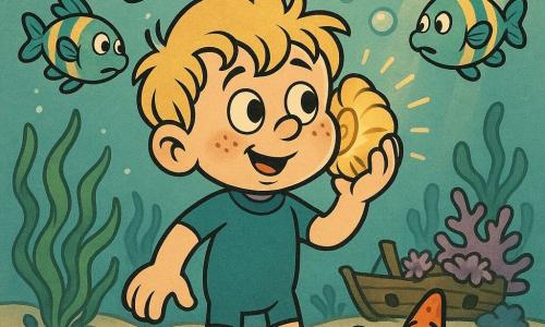 Ein 6-jähriger Junge, rundes Gesicht mit Sommersprossen, zerzauste blonde Haare, erstaunt-mutiger Ausdruck, trägt einen blauen Taucheranzug und hält eine golden schimmernde Muschel ans Ohr; ein leuchtend orangefarbener Seestern mit großen freundlichen Augen winkt ihm vom Sand zu; ein Schwarm türkis-gelb gestreifter Fische kreist schützend über ihm und bläst glänzende Blasen; die Szene spielt auf einem hellen Meeresgrund mit feinem cremefarbenem Sand, wiegenden grünen Seegräsern, einem korallenbedeckten Holzwrack im Hintergrund und goldenen Sonnenstrahlen, die durchs Wasser fallen.